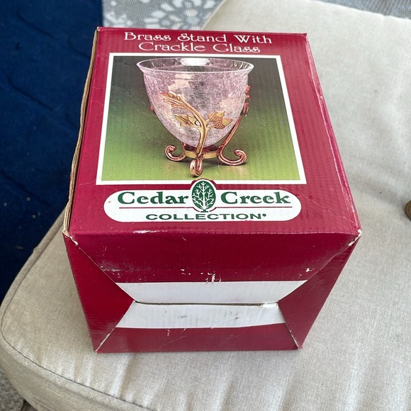 NWT Vintage Brass 1940s Vase Stand With Crackle Crystal Vase 6.75” Tall - Picture 6 of 6